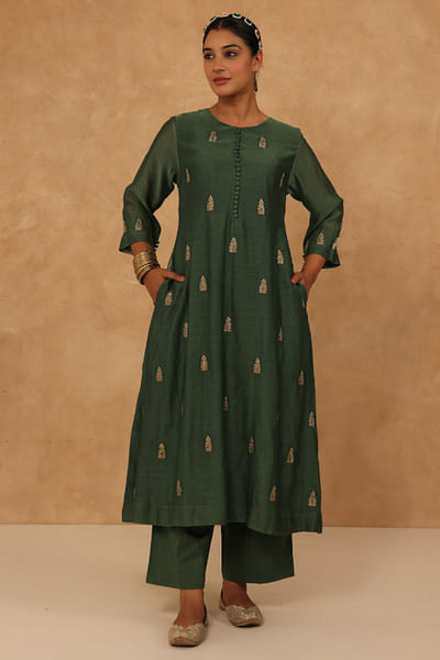 Olive green embroidered mul chanderi kurta set