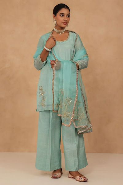 Light blue hand embroidered short kurta set