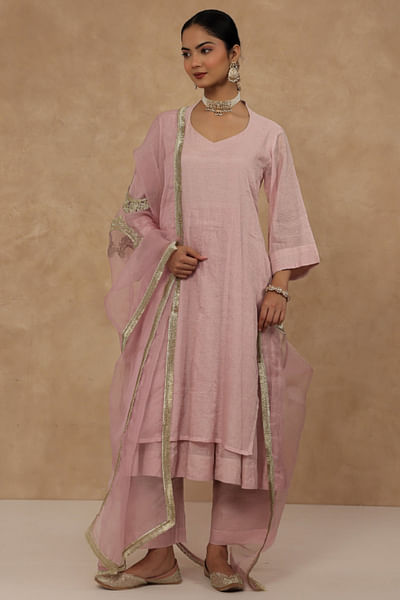 Blush pink hand-embroidered layered kurta set