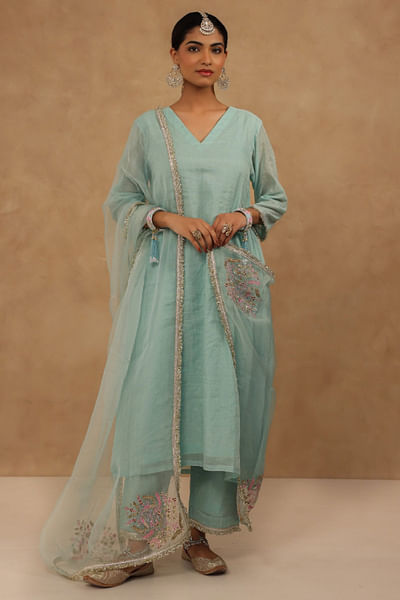 Light blue hand embroidered kurta set