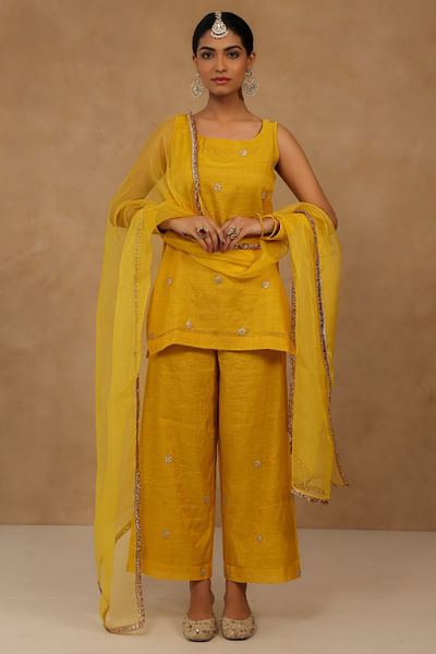 Mustard hand embroidered short kurta set