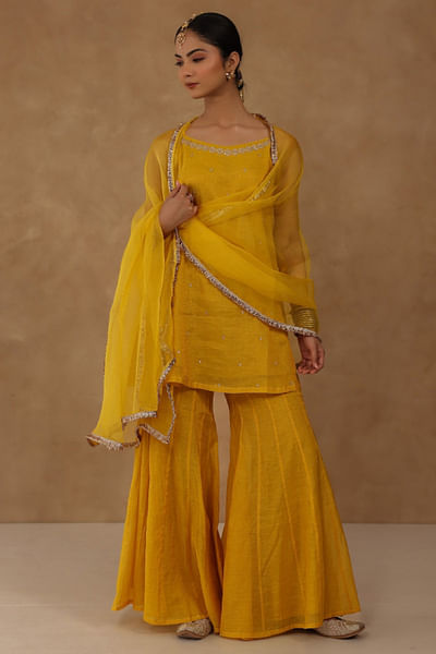 Mustard hand embroidered kurta sharara set