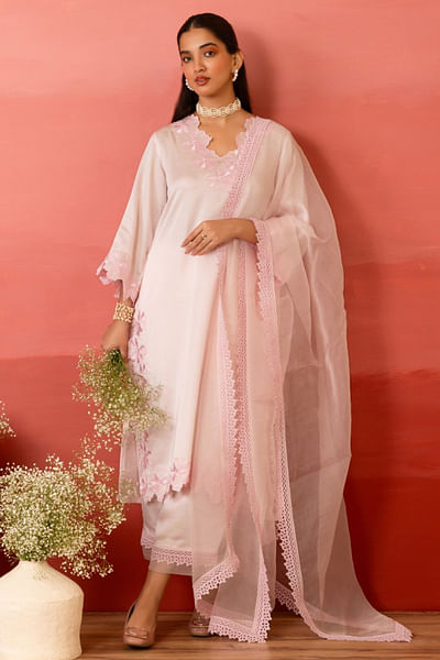 Pink tonal resham embroidered kurta set