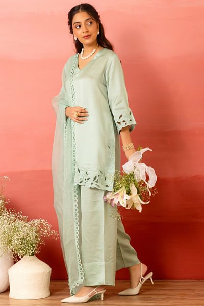 Sage green tonal resham embroidery kurta set