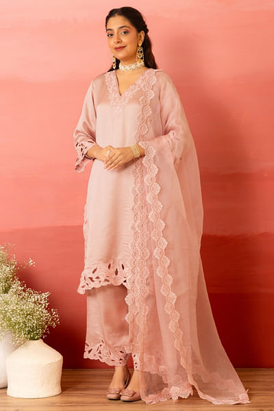 Salmon pink tonal resham embroidery kurta set