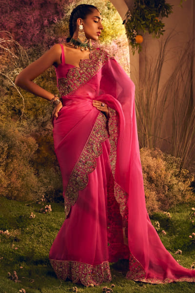 Hot pink aari embroidered sari set