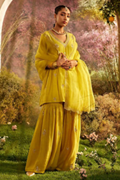 Mustard aari embroidered gharara set