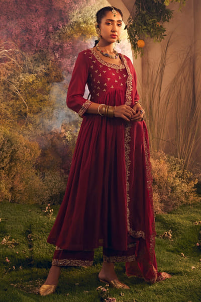 Maroon dabka embroidered anarkali set