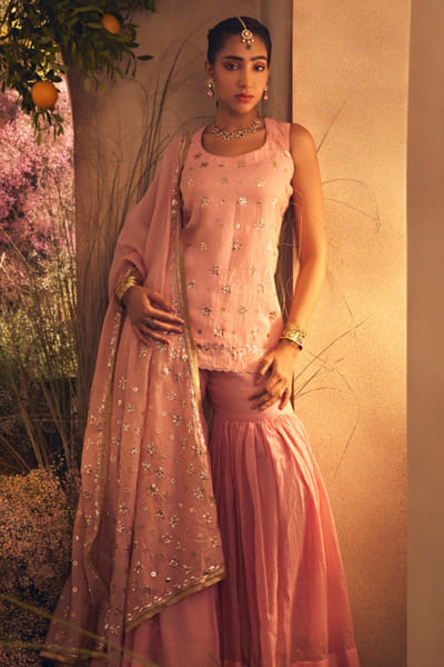 Light pink aari embroidered gharara set