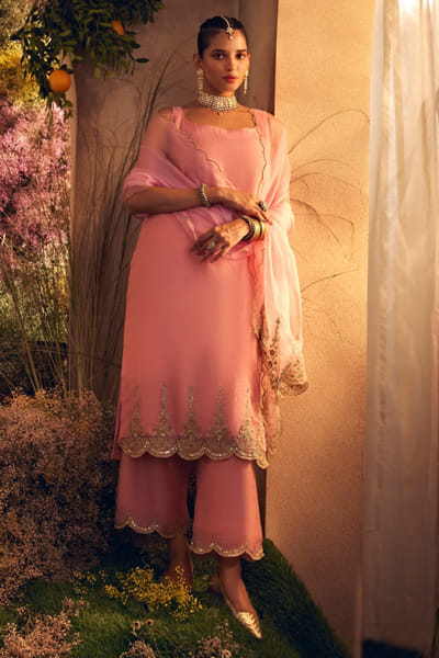 Light pink hand embroidered kurta set