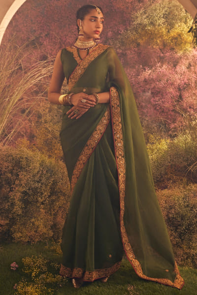 Green embroidered sari set