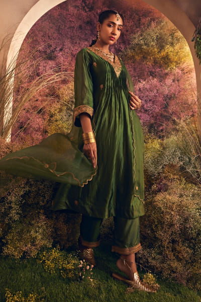 Green embroidered kurta set