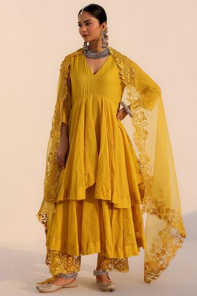 Mustard yellow resham embroidered anarkali set