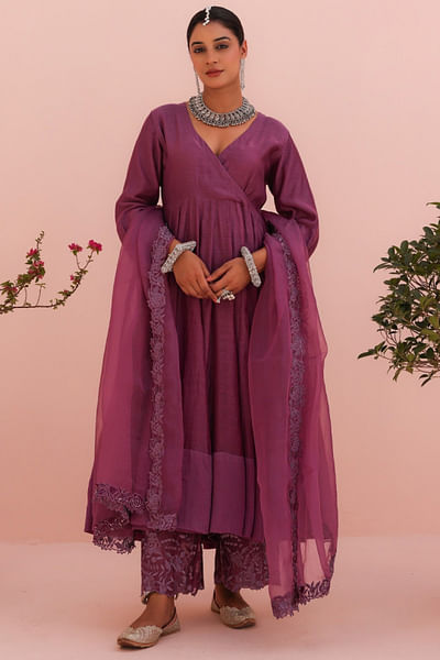 Lilac resham embroidered angrakha anarkali set
