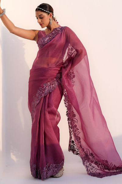 Lilac floral resham embroidered sari set