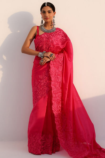 Rani pink floral resham embroidered sari set