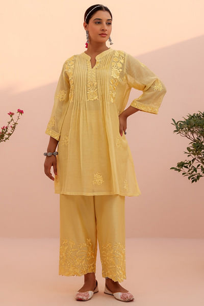 Lemon yellow floral embroidered co-ords