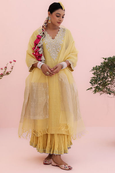 Lemon yellow floral embroidery kurta skirt set