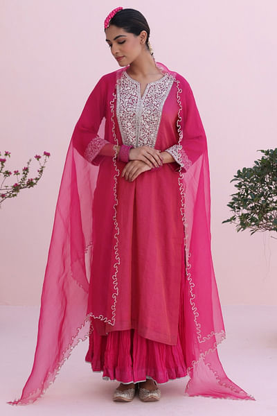 Rani pink floral embroidery kurta skirt set