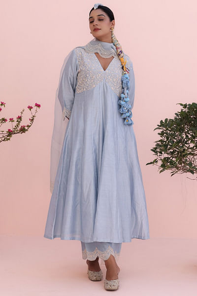 Moon blue thread embroidered anarkali set