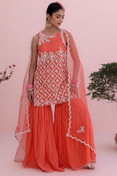 Coral dori embroidered kurta and sharara set