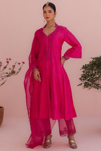Rani pink floral dori embroidered anarkali set