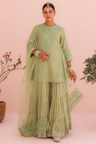 Elaichi green embroidered kurta sharara set