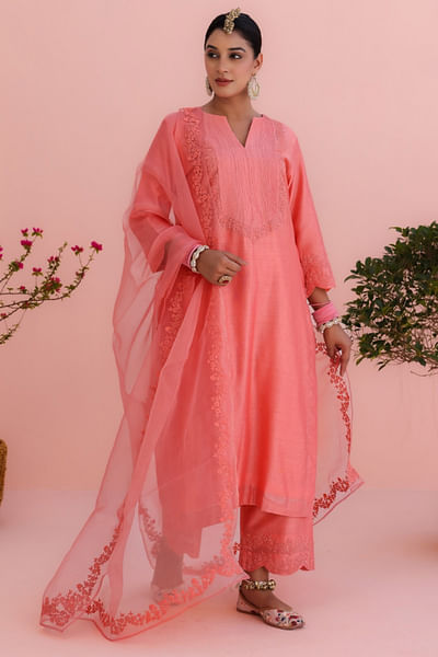 Coral floral and pintuck embroidered kurta set