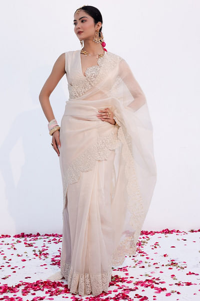 Pearl white floral dori embroidered sari set