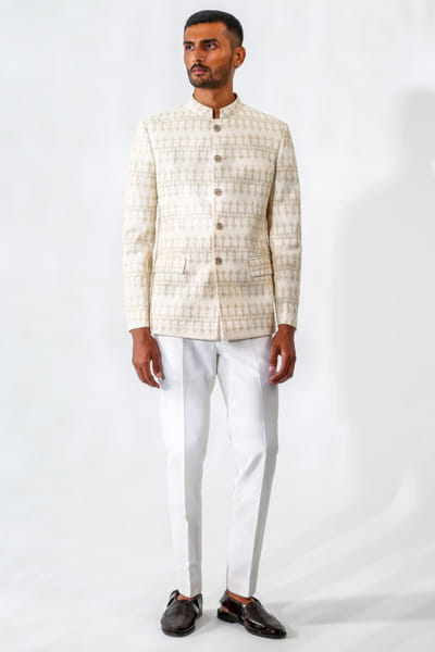 Beige embroidered bandhgala set