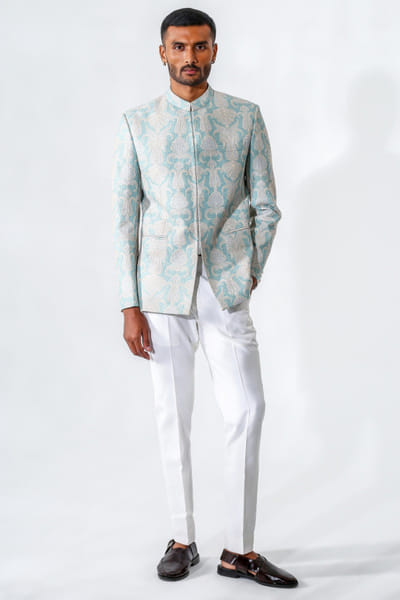 Light blue embroidered bandhgala set