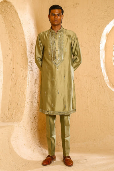 Dark beige mirror embroidered kurta set