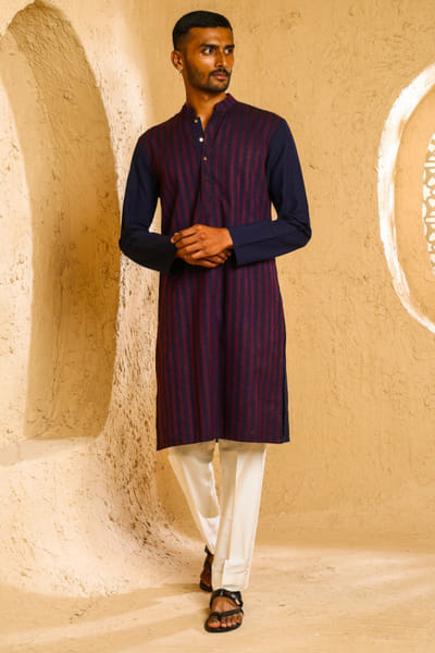 Navy blue thread embroidered kurta set