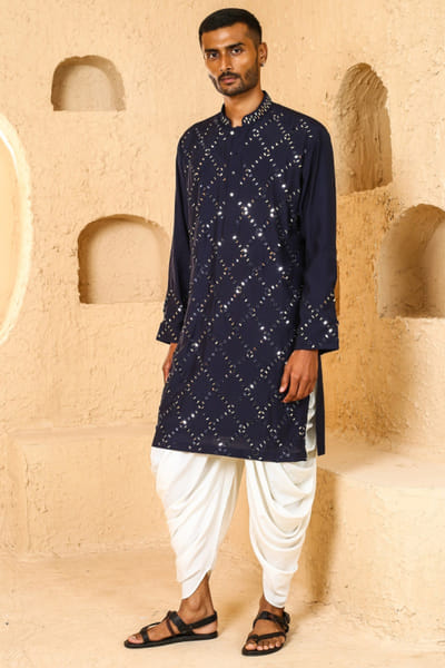 Navy blue mirror embroidered kurta set