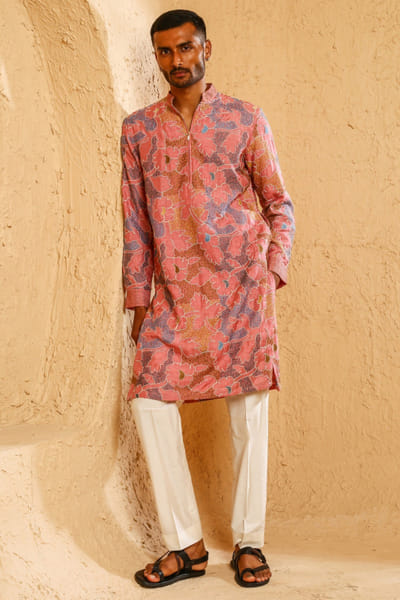 Multicolour floral embroidered kurta set