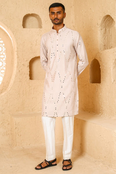 Light beige mirror embroidered kurta set