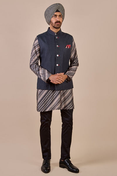 Blue tonal chevron printed Nehru jacket