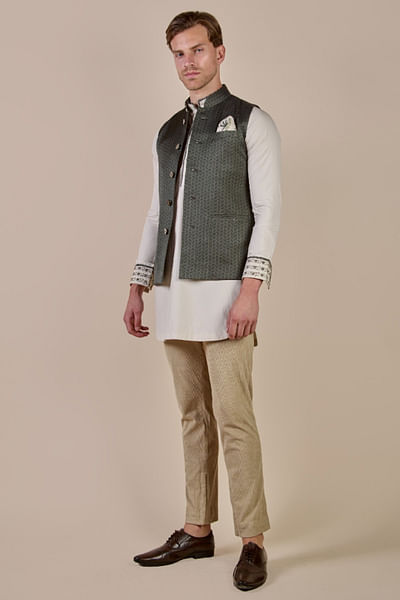 Green tonal chevron printed Nehru jacket