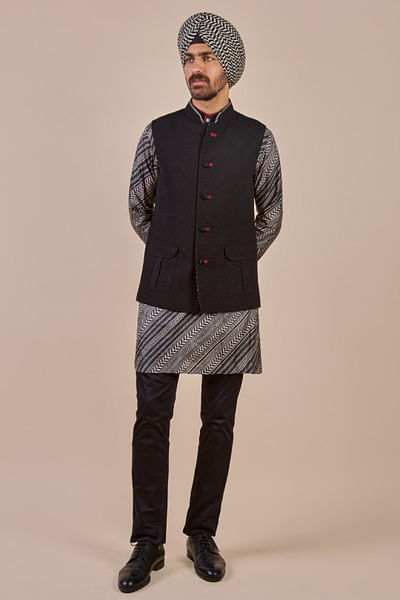 Black textured Nehru jacket