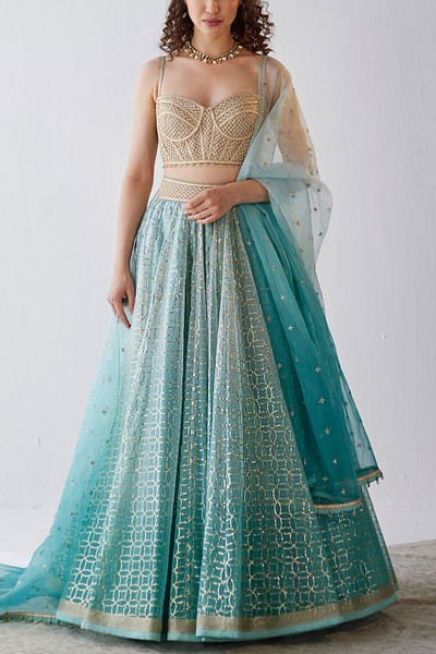 Aqua gold foil printed lehenga set