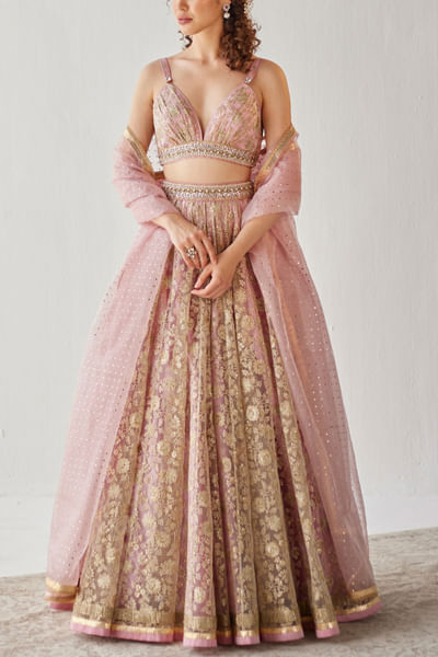 Gold and pink embroidered lehenga set