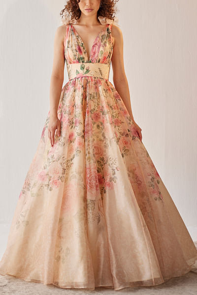 Floral printed organza gown