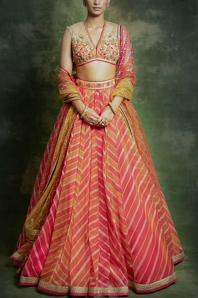 Fuchsia printed organza lehenga set