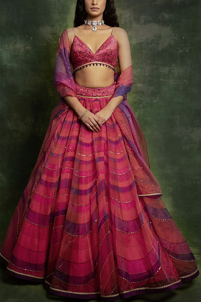 Fuchsia printed organza lehenga set