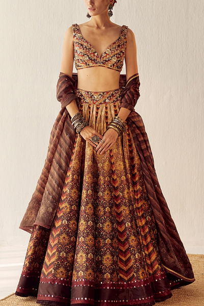Brown printed lehenga set