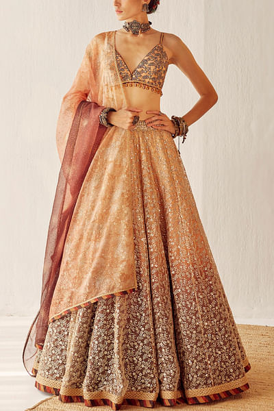 Gold sequin embroidered tulle lehenga set