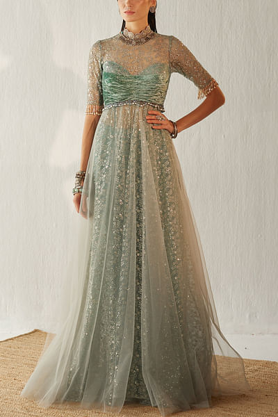 Aqua embroidered tulle anarkali gown set