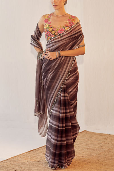 Stripe print sari set