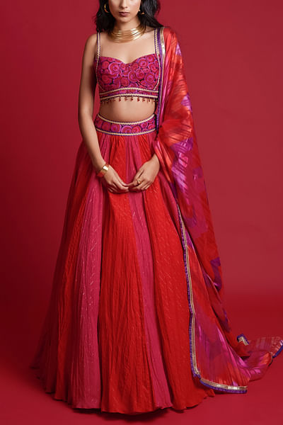 Red and fuchsia crinkled lehenga