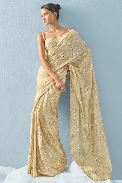Ivory sequin and cutdana embellished sari set